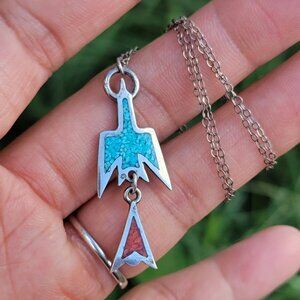 Southwestern Native American handmade 925 sterling silver turquoise + coral chip